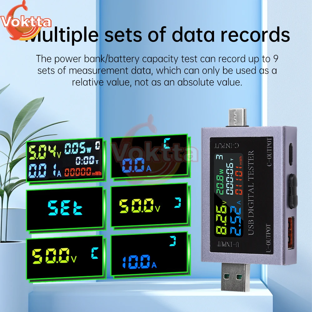 Dual USB Type-C Tester DC 4.5-50V 0-8A Multi-function Digital Display Voltage Ammeter Power Meter Power Bank Charging Tester