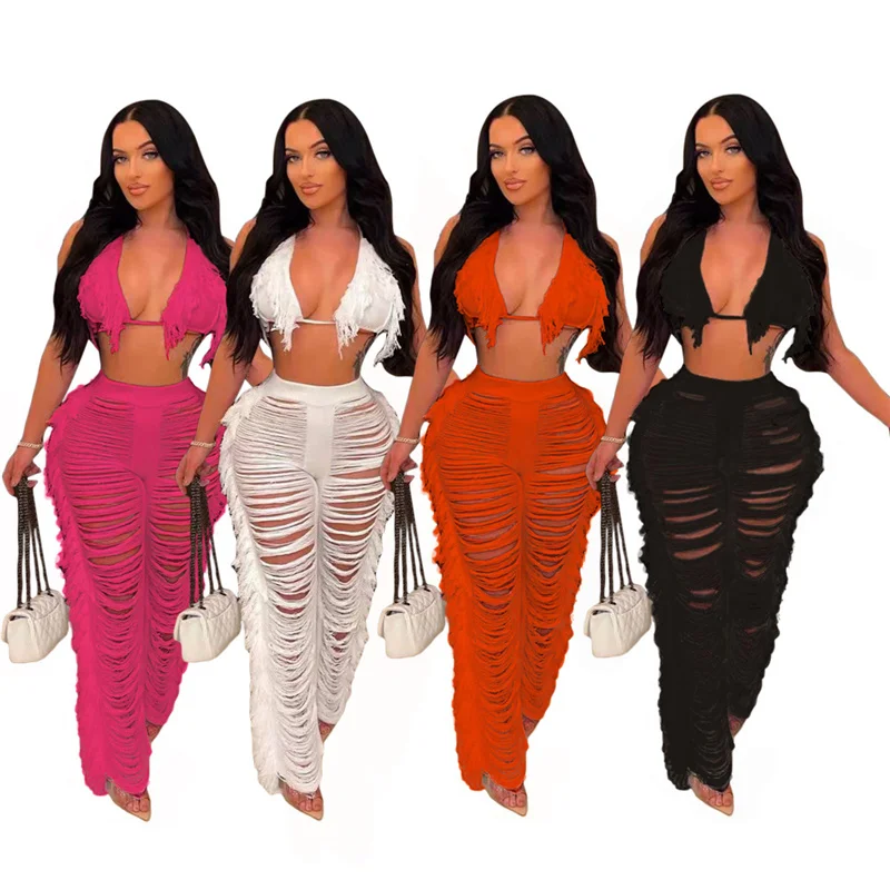 Sexy Crochet Tassel 2 Piece Club Outfits for Women Beach Wear Summer Rave Outfits Vacation Two Piece Set Women Matching Sets