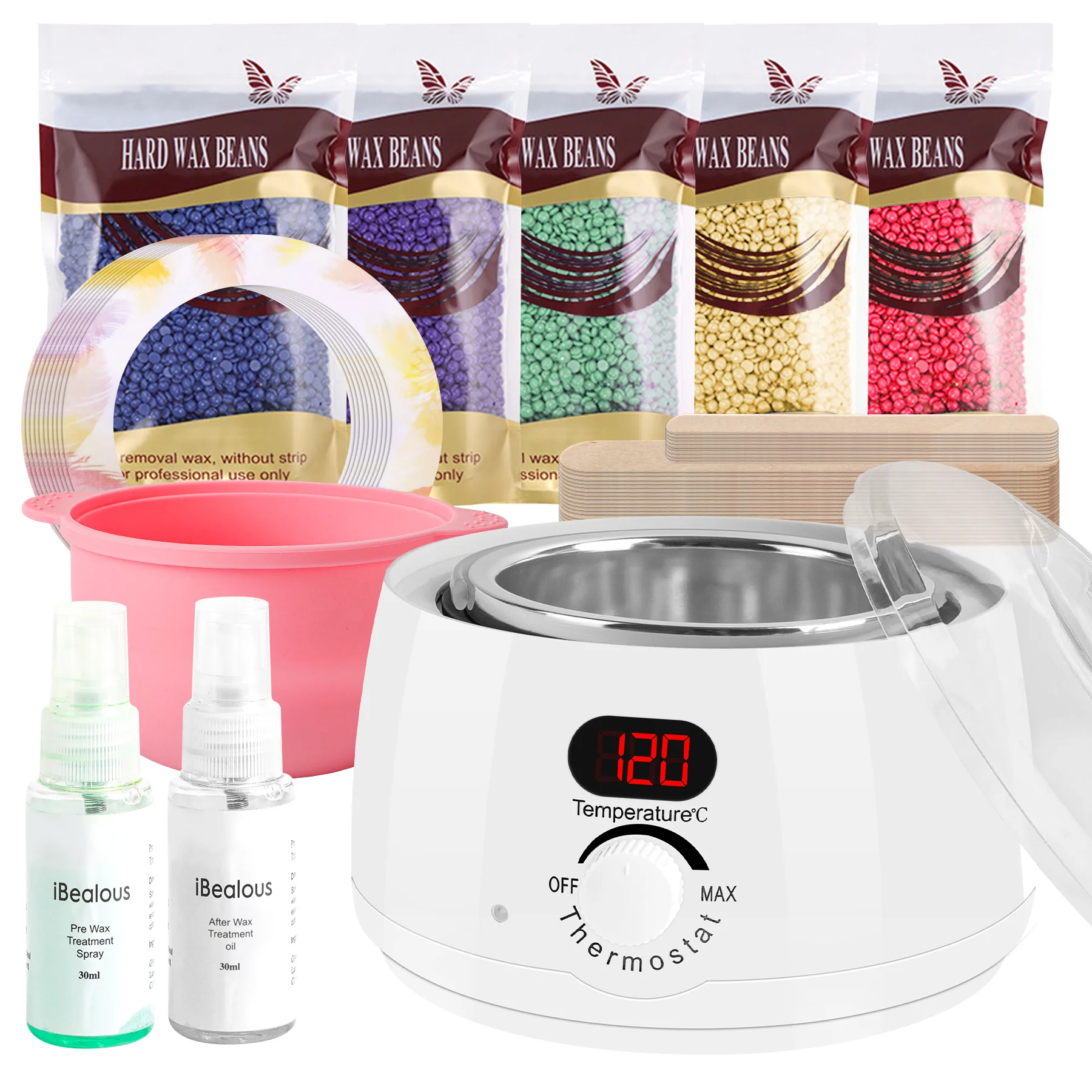 Waxing Set- Digital Wachswärmer Wachs Haarentfernung mit 500g Wachsperlen, ein Vor und Nachbehandlungslosion und 30 WaHausechsstäbchen- Wax Maschine für Ganzkörper zu Hause