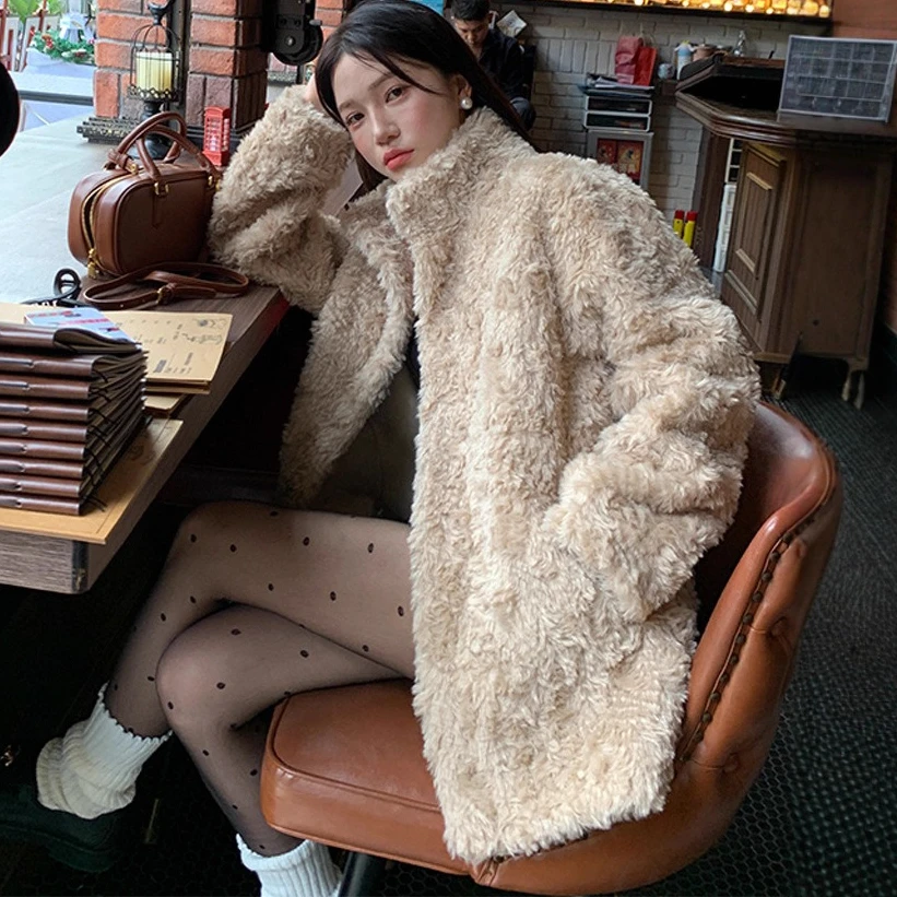 Women Faux Fur Coats Jackets Turn Down Collar Mid Length Coat Thick Warm Y2k Streetwear Jacket Elegant Outerwear Autumn Winter