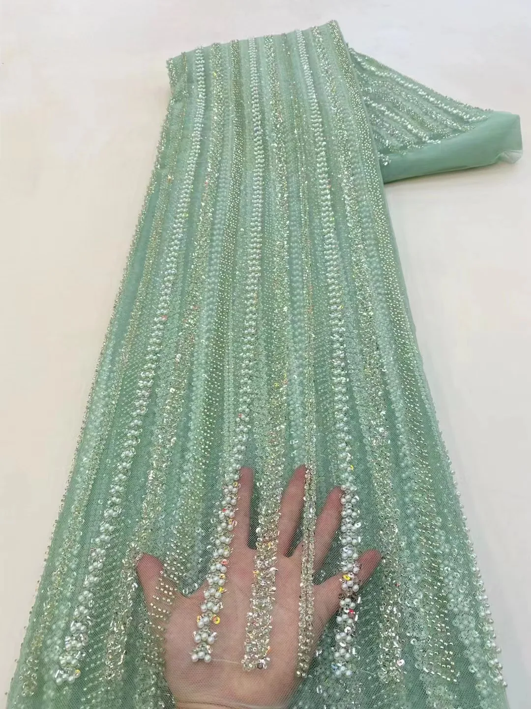 2.5Yards Beaded Lace Fabric French Tulle Embroidery Lace High Quality African Sequins Beads Fabric For Women Wedding Dresses