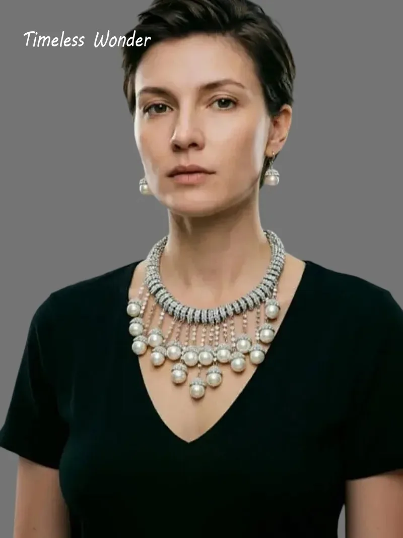 Timeless Wonder Fancy Zircon Glass Pearl Tassel Necklace Women Designer Jewelry Runway Trendy Vintage Classy Rare 4526
