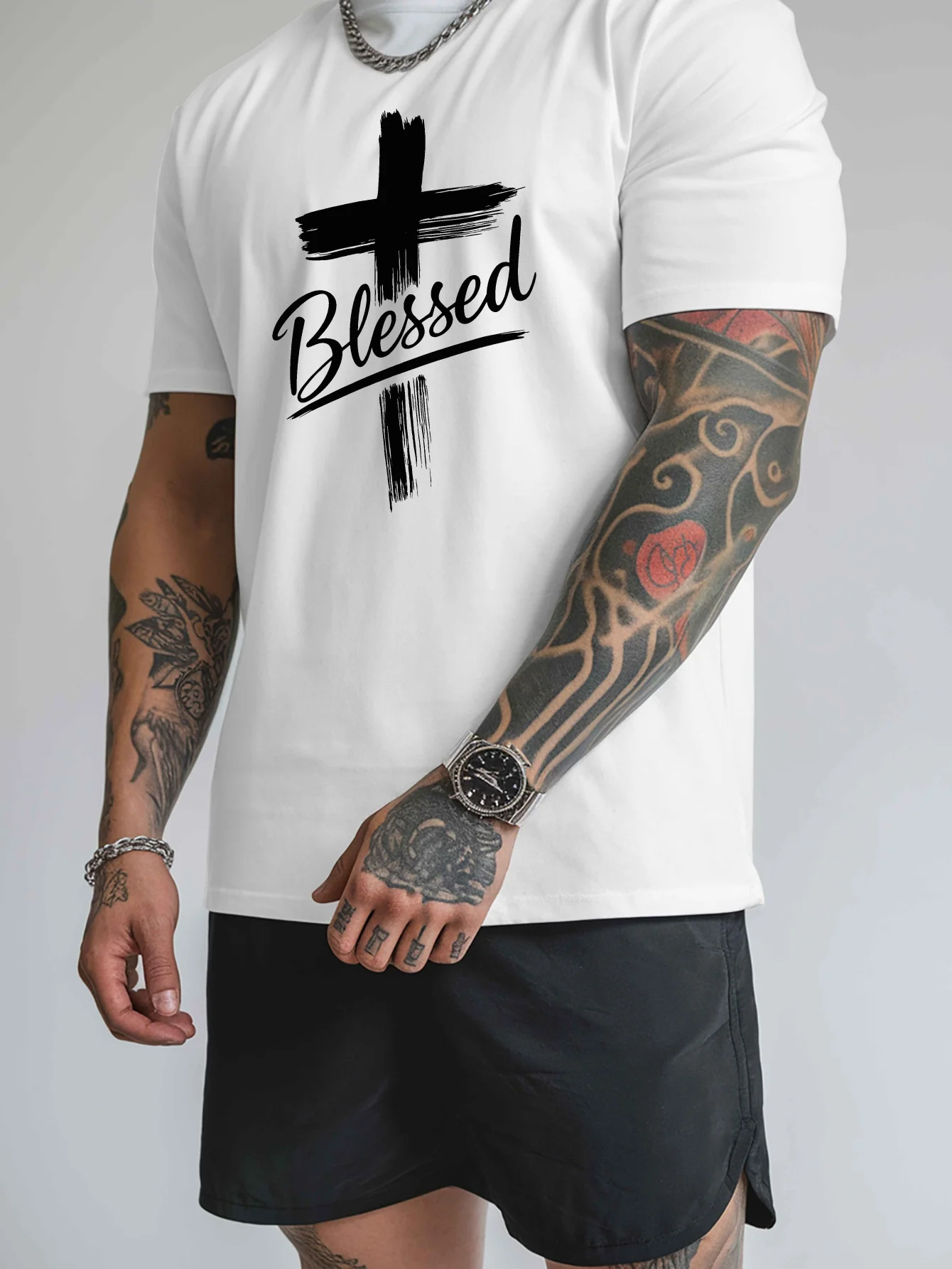 

[Summer Knit Polyester Blend Tee] Yellow Casual Crew Neck "Blessed" Cross Graphic T-Shirt