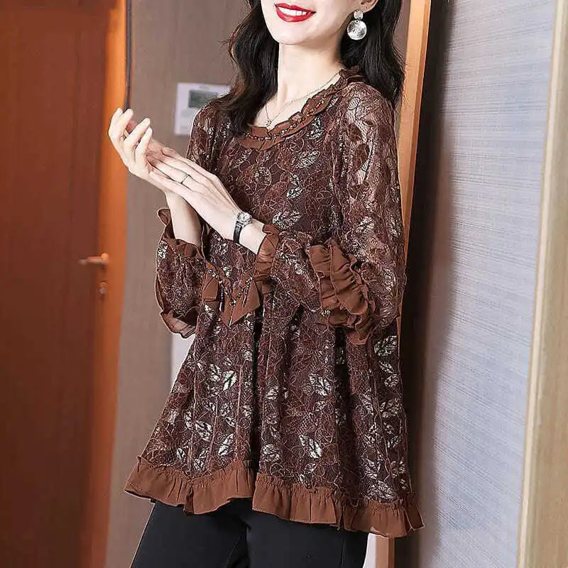 Elegant Solid Color Ruffles Lace Hollow Out Blouse Women\'s Clothing 2022 Autumn New Sweet Tops Oversized Loose Commute Shirt