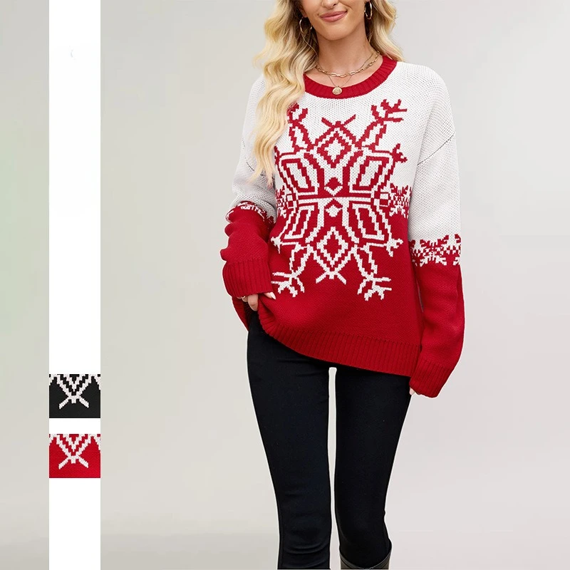 

Женские рождественские пуловеры, джемперы, вязаные свитера, гигантская снежинка, длинные рукава, круглый вырез, свободные офисные женские повседневные свитера, осень 2023 г.