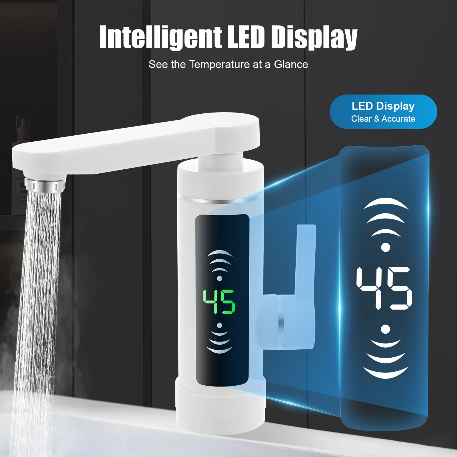 Robinet d'eau chaude instantanée 3000W Chauffage électrique 360 °   Affichage de température LED rotatif ABS IPX4 cuisine salle de bains prise ue