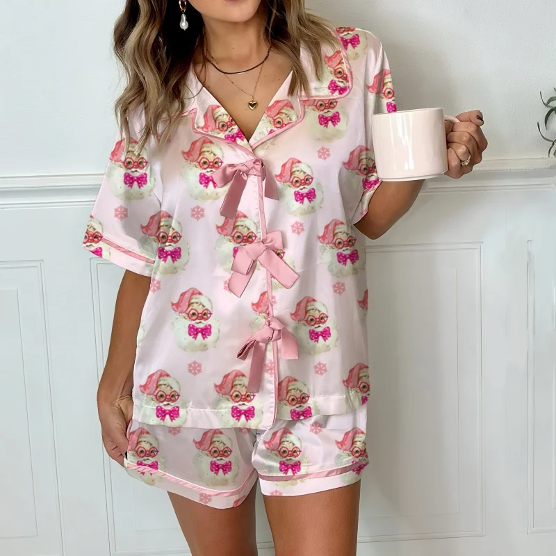 Damski świąteczny zestaw piżamowy z nadrukiem Świętego Mikołaja, różowa kokarda, dwuczęściowy komplet: koszula i spodnie do noszenia w domu.