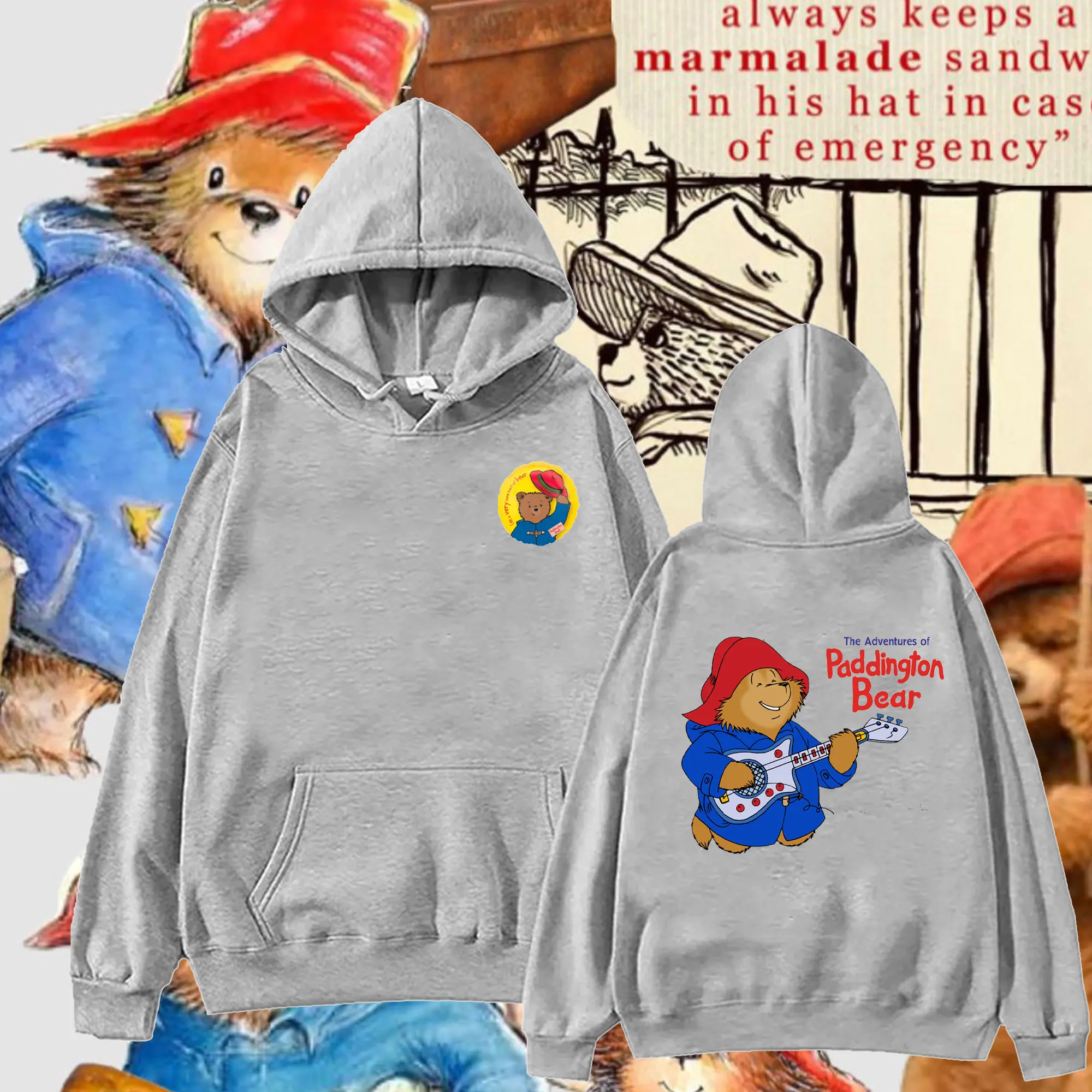 Retro and Funny Paddington Bear in London Graphic Woman Hoodies Double-sided Print Unisex Hoodie Loose Pullover Sweatshirt Tops