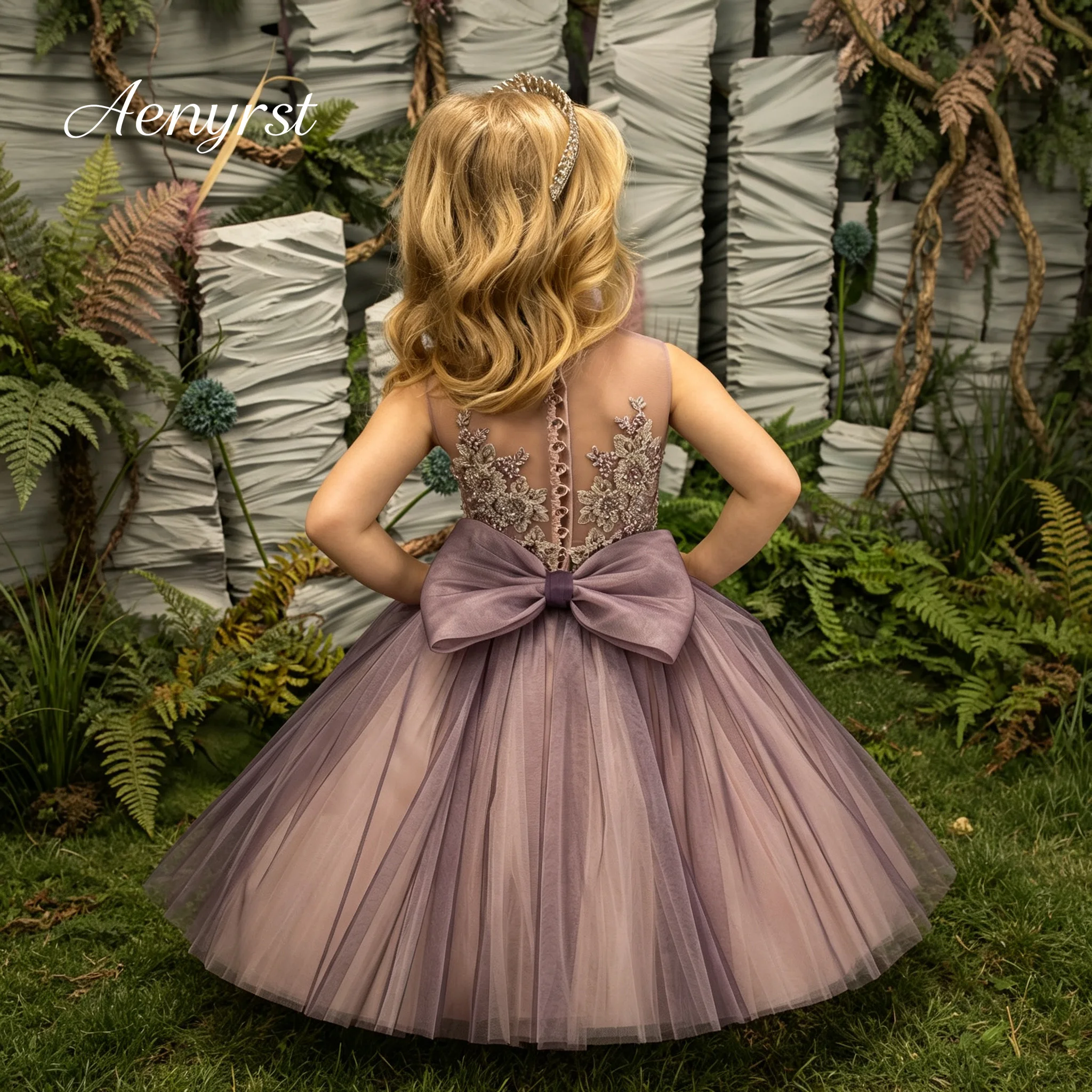 Girls Dusty Purple Beaded Lace Tulle Flower Girl Dress Sleeveless Kids Wedding Formal Party Dress