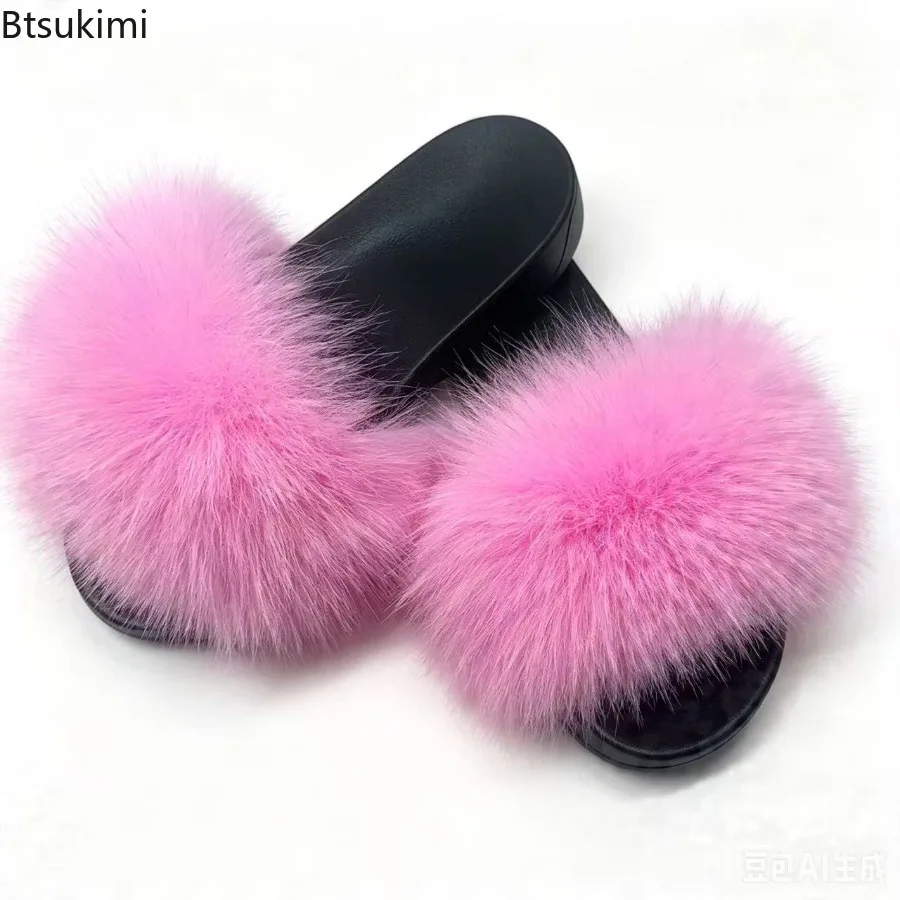 New Women's Fashion Fur Slippers Fluffy and Cute Plush House Casual Shoes Luxury Outdoor Anti Slip Durable Flat Bottom Slippers