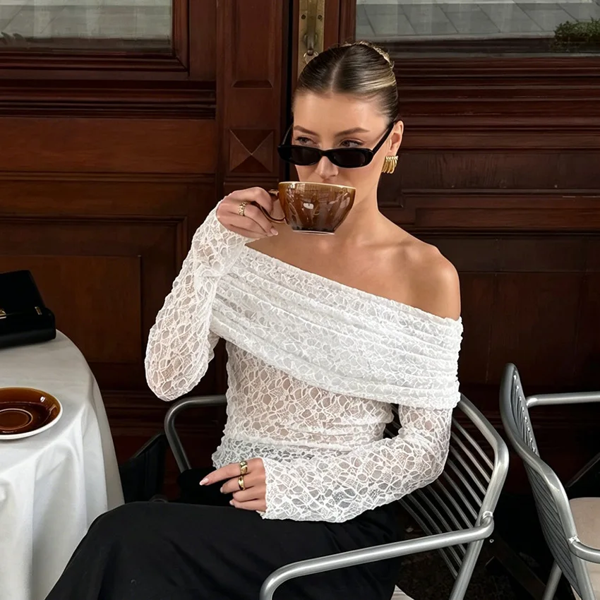 BB Spring Autumn Off Shoulder Top Women's Long Sleeve Slimming Jacquard Knitted T-Shirt Female Fashion Pure Desire Style Tops