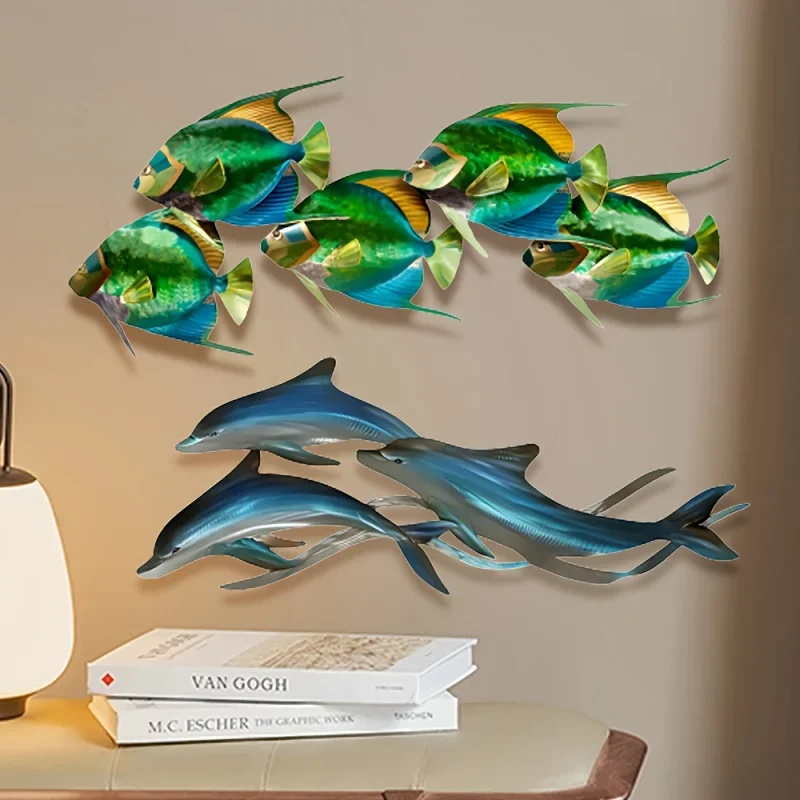 CIFBUY Sea Creature Metal Wall Hanging, 2D Iron Tropical Fish Dolphin Wall Sign, Gradient Painted Ornament for Bathroom