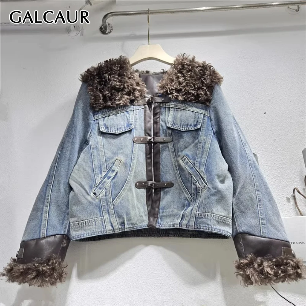 

GALCAUR синяя куртка с карманами, женская куртка с v-образным вырезом и длинным рукавом, свободная винтажная уличная одежда, женские куртки, осенний стиль, модная новинка
