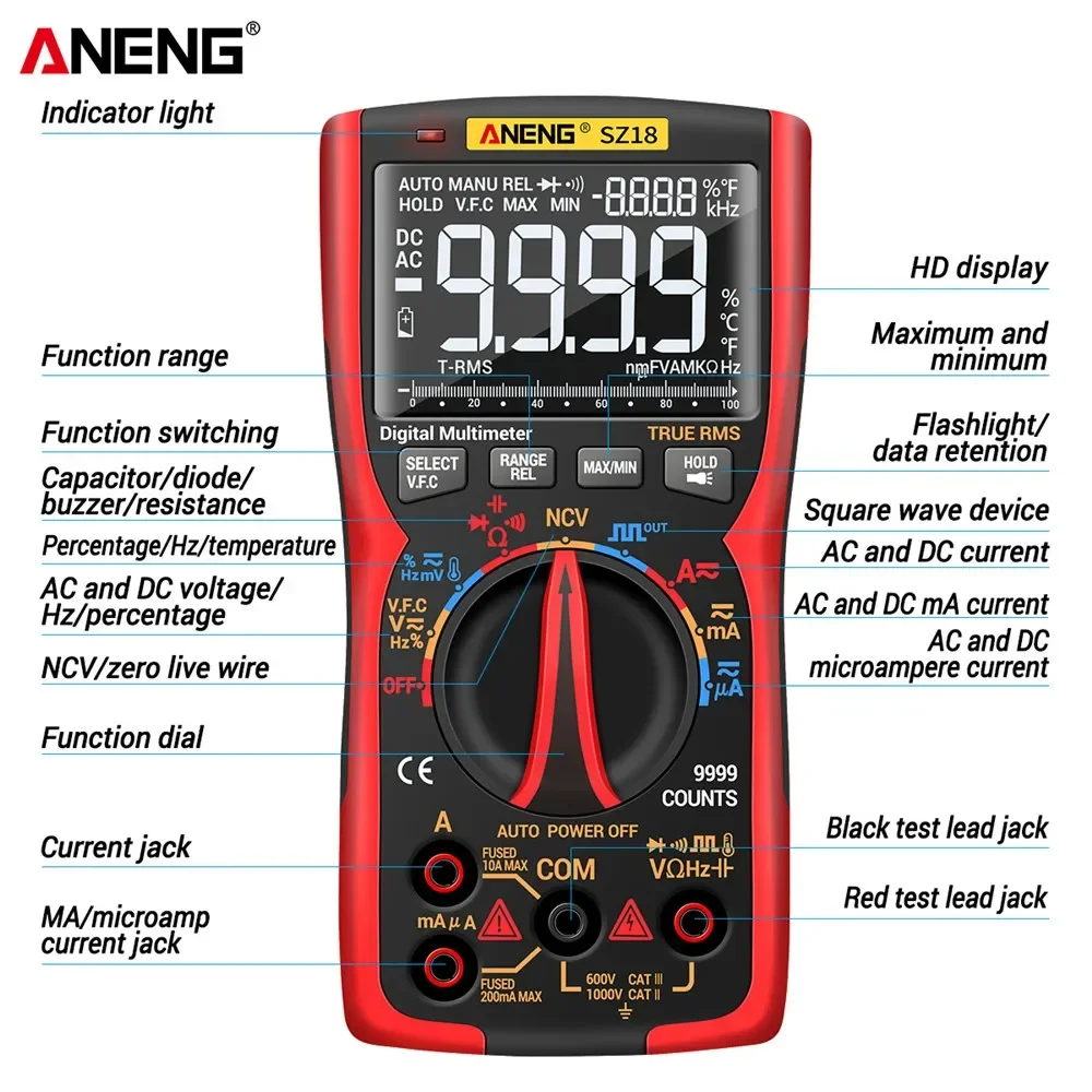 SZ18 PRO Digitalmultimeter 9999, professioneller True RMS-Analogtester, Multimetro, DIY-Transistor, NCV-Tester, LCR-Messgerät