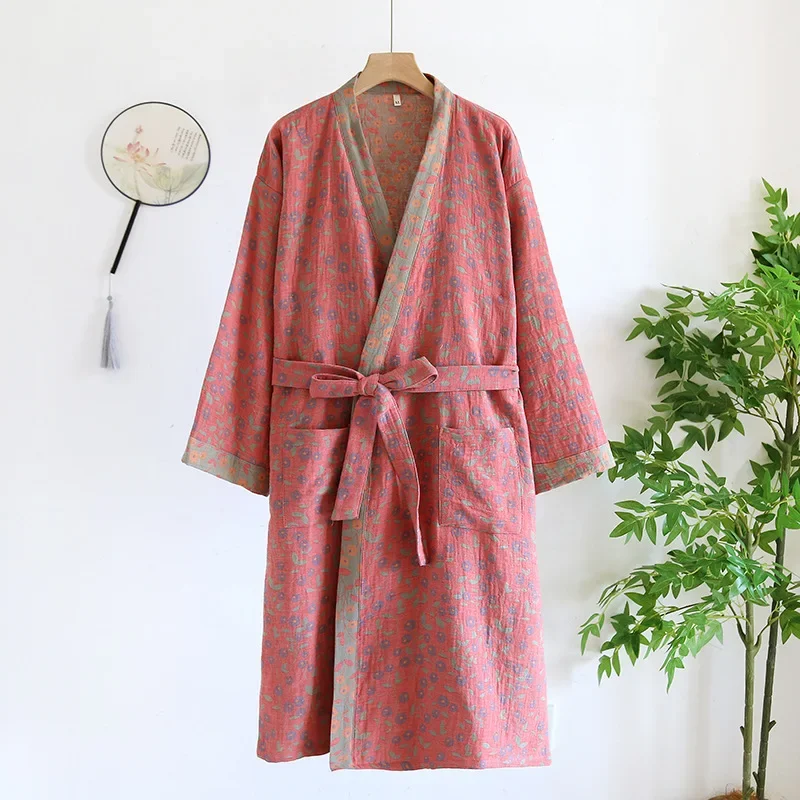 

Pure Cotton Robes For Women 3/4 Sleeve Spring Autumn Bathrobe Female Printed Morning Robes Loose Home Wear Sleep Dressing Gowns