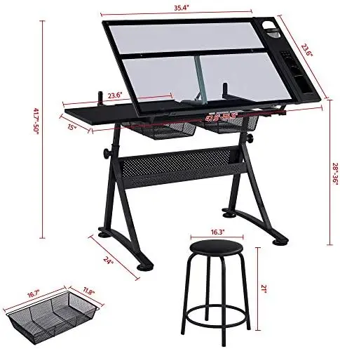 Drafting Table w/Stool Height Adjustable Multifunctional Art Craft Artists Desk Tilting Glass Tabletop Diamond view 3
