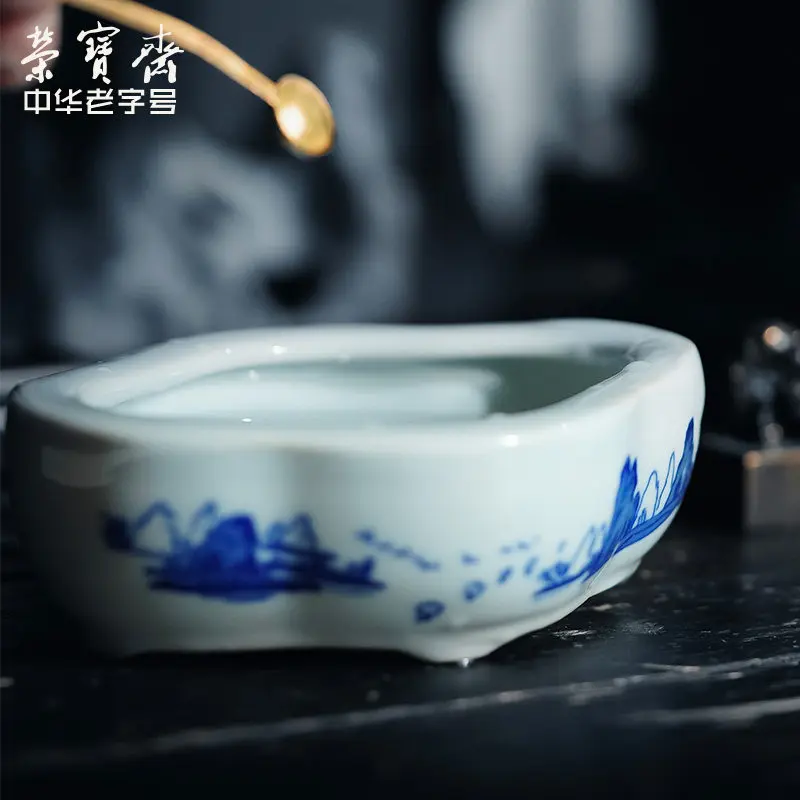 Ceramic Brush Washer with Landscape Pattern, Chinese Calligraphy Water Bowl for Ink Stone, Traditional Painting Tool