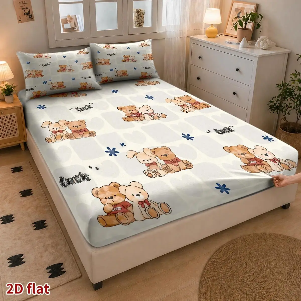 3-Piece Mattress Protector Set, 2D Flat Printed Fitted Sheet, 3-Piece Mattress Protector Set, Cartoon Bear and Dog Theme, Suitable for All Seasons, Machine Washable Home Bedroom Decoration, Holiday-Themed Fitted Sheet and Pillowcase, Mattress Protector Cover, Stain-Resistant, Mattress Protector Cover Suitable for All Seasons, Machine Washable and Easy to Care For, Suitable for Home Bedroom Use, Essential for Dormitories and Rentals, Master Bedroom and Guest Room Decoration, Dust-Proof and Stain-Resistant, High Elasticity, Fits Various Sizes