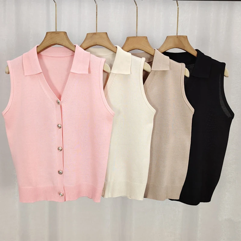 Women's Summer New V-Neck Sleeveless Knitted Vest Lapel Outer Wear Light Versatile Temperament Suspender Top