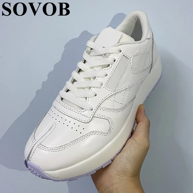 Spring Autumn Genuine Leather Breathable Split Toe Casual Shoes Thick Sole Lace Sneakers Everyday Versatile Walking Shoes Unisex