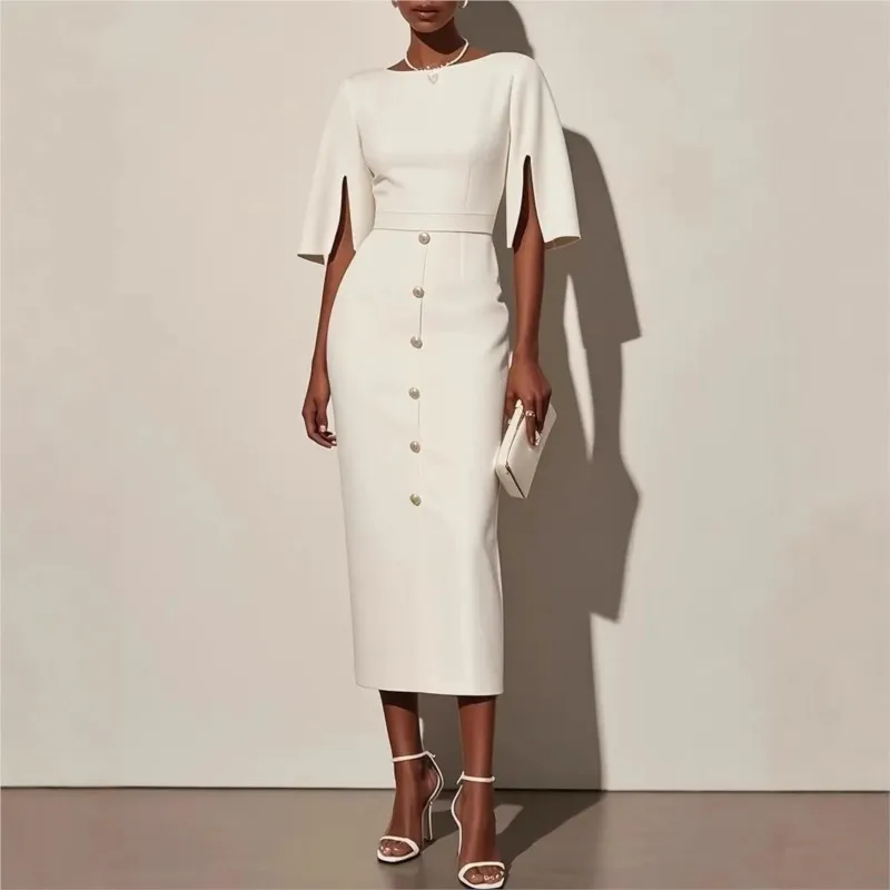 

Elegant Fashion A-line Dress Button High Waist Slim Party Dress Solid Color O Neck Split Sleeve Short Sleeved Commuting Office