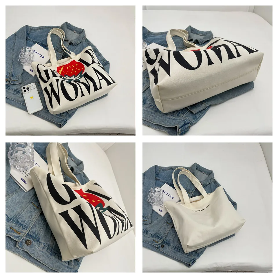 Canvas Shoulder Bag Women Vintage Shopping Bags Zipper Girls Letter Printing Handbags Casual Tote With Outside Pocket