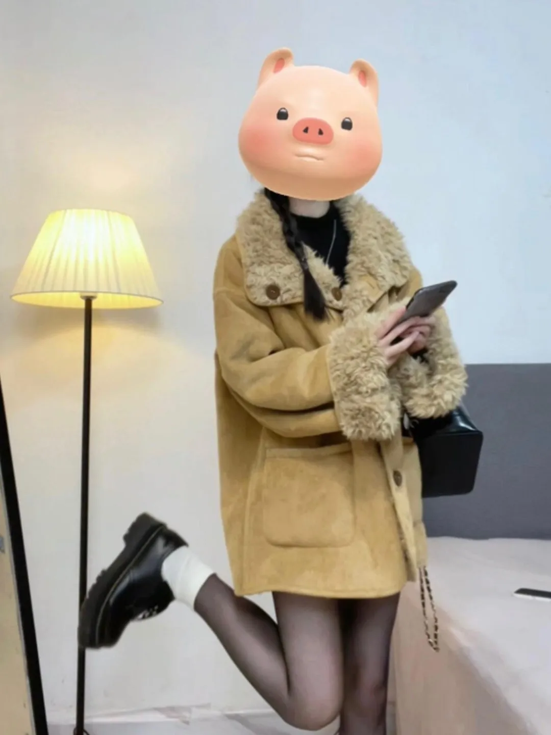 

Korean Sle ort Lamb Fur Jaet Thiened Faionable Personali Spring 2026 Women's Coat Button Closure Casual Fit