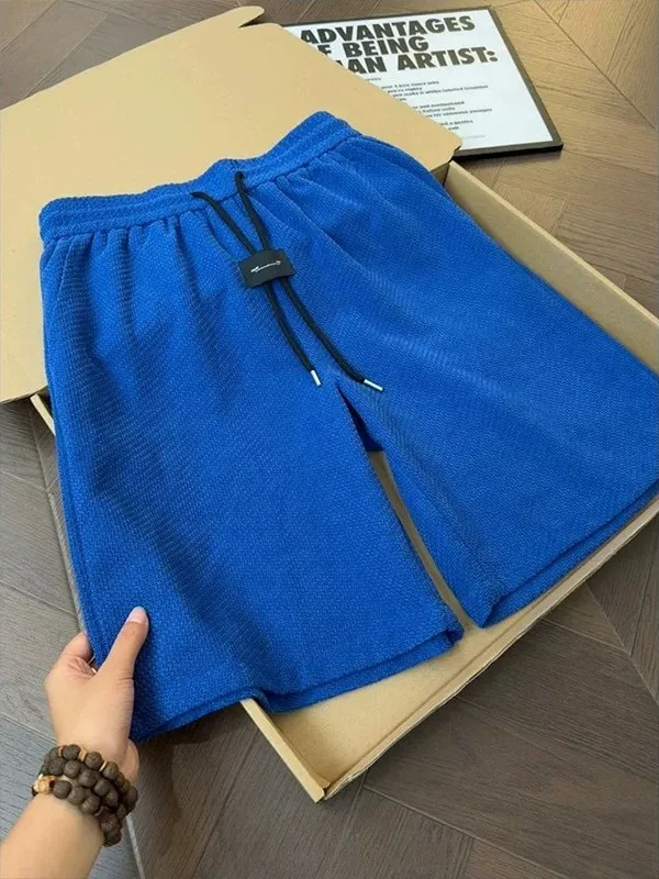 Klein Blue Retro Knitted Shorts Men's Summer Thin Mesh Breathable Beach Loose Sports Five-Quarter Length Casual Fashion