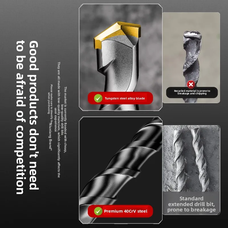 800mm Extended Tungsten Carbide Hammer Drill Bit 4‑Cutter Square Shank High Hardness Wear‑Resistant Concrete Drilling