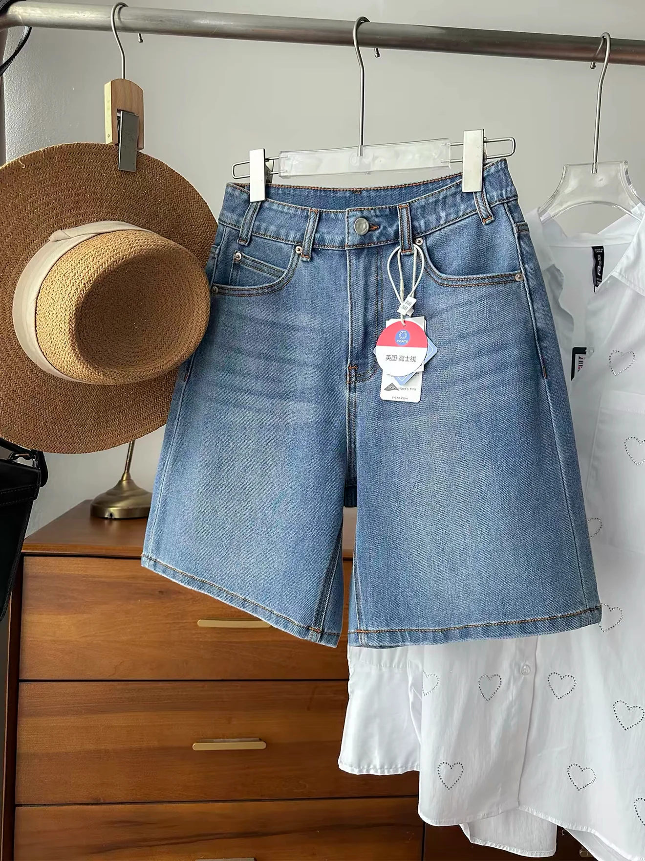 High Waist Straight Leg Bermuda Jeans Women's Summer Casual Pants Four-Sided Elastic Multi-Process Washed Five-Foot Pants
