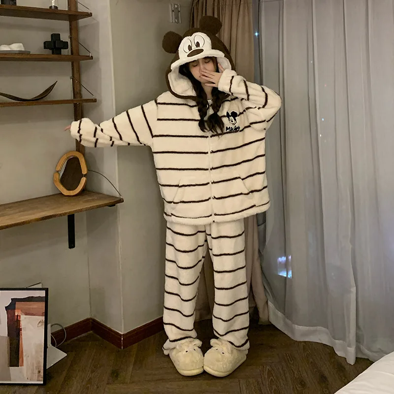 

Плюшевый флисовый пижамный комплект с капюшоном и ушками Микки, коричневый в полоску, на молнии, теплый, удобный, в стиле Y2K, модный, для дома и сна