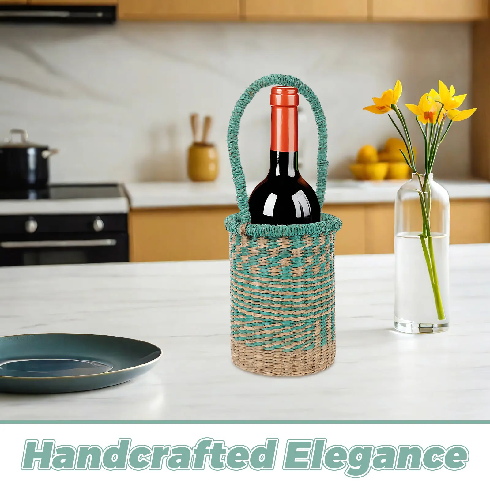 Cylinder Seagrass Basket Handwoven Tall Storage Basket with Handles for Wine Presentation Home Organization Decorative Gift Use view 3