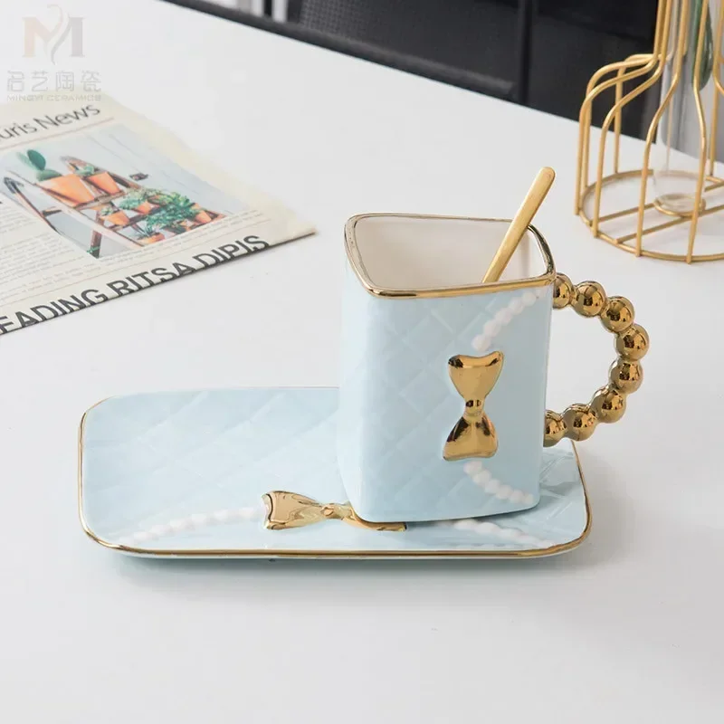 Creative Light Luxury Bag Shaped Ceramic Mug Personalized Coffee Cup Plate Set Home Drinking Cup Girl Gift Home Decoration