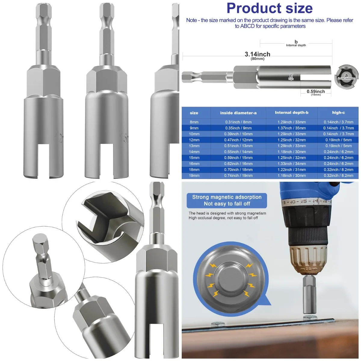 

4 Pack 1/4' Hex Shank Nut Driver Set, Power Wing Bit Socket Wrench for Panel Nuts Screws