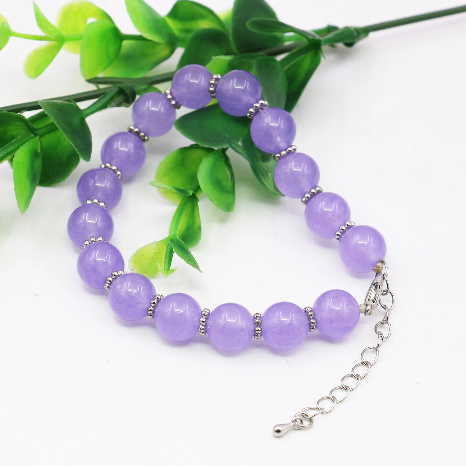 10mm Round Violet Purple Jade Chalcedony Bracelet Natural Stone Hand Wear Women Gifts Jewelry Making Design with Extended Chain