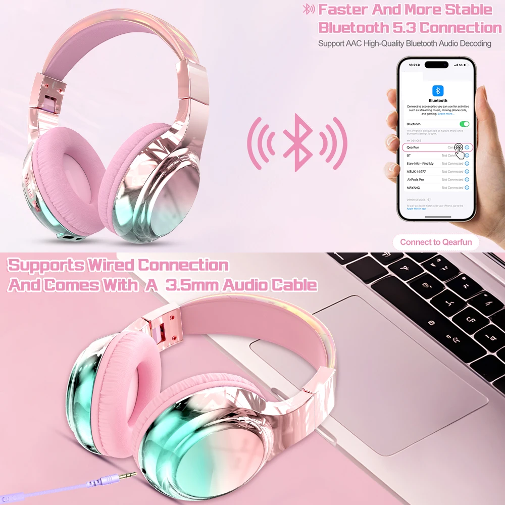 Glossy Gradient Pink Bluetooth5.3 Headphone For Girl Wireless Headphone with Mic Over Ear Headset for Girlfriend Christmas Gift