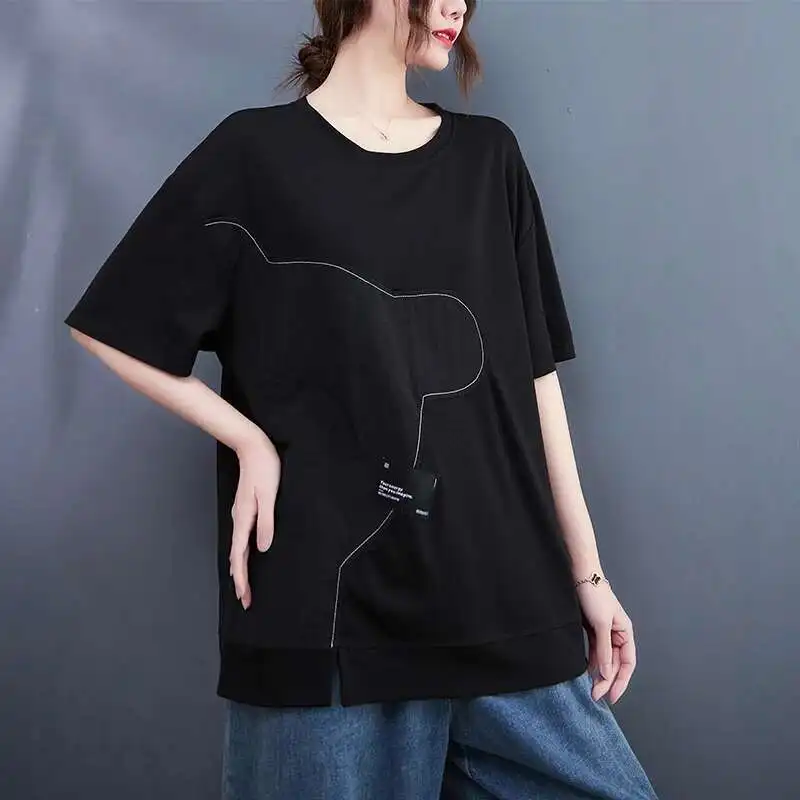 Patchwork Bright Line Design Hem Slit Chic Black Women Loose T-shirt Pullover O-neck Short Sleeve Top Summer