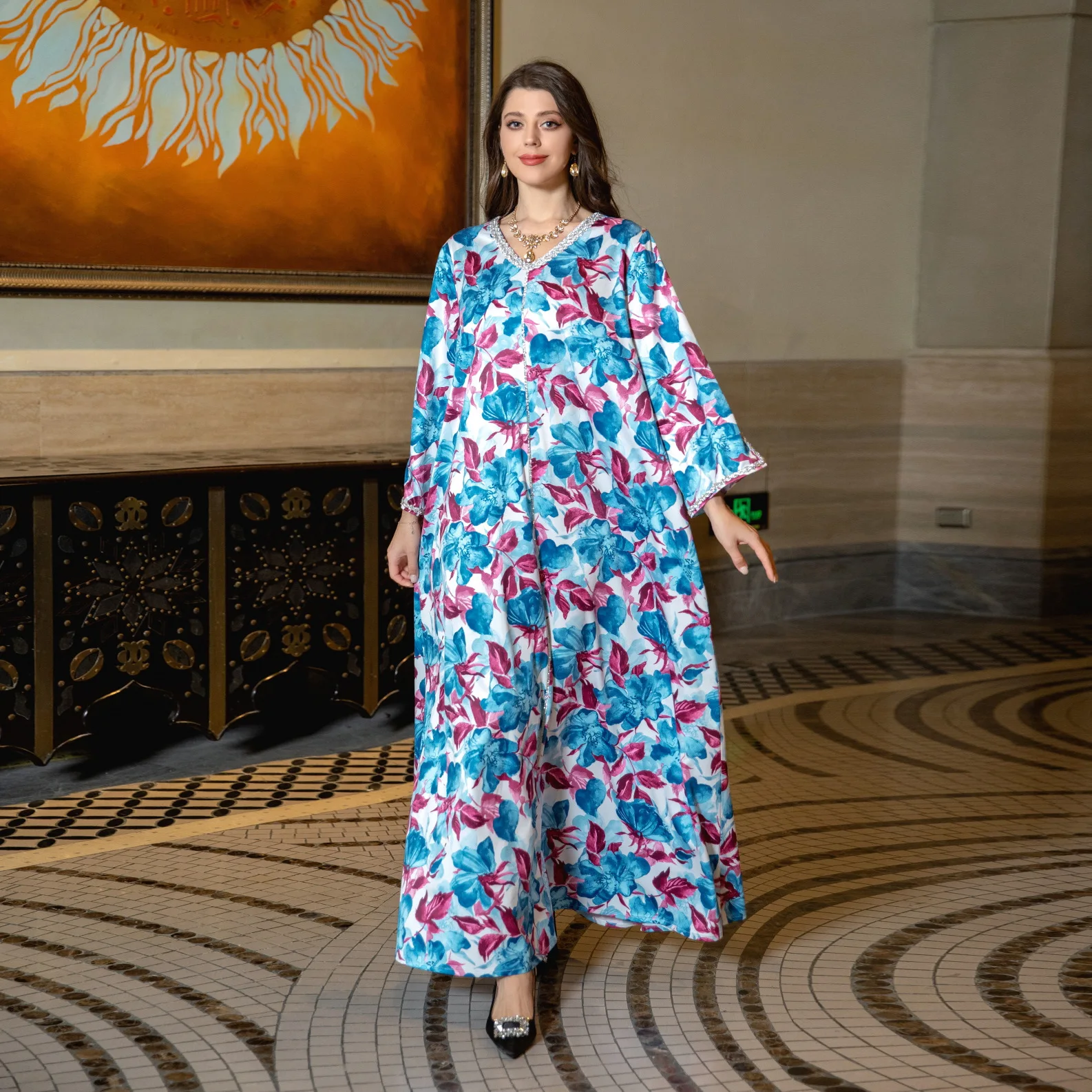 Diamonds V-neck Abaya Fashion Floral Printed Dress Robe Loose Gown Saudi Muslim Eid Women Jalabiya Split Sleeves Arab Kaftan