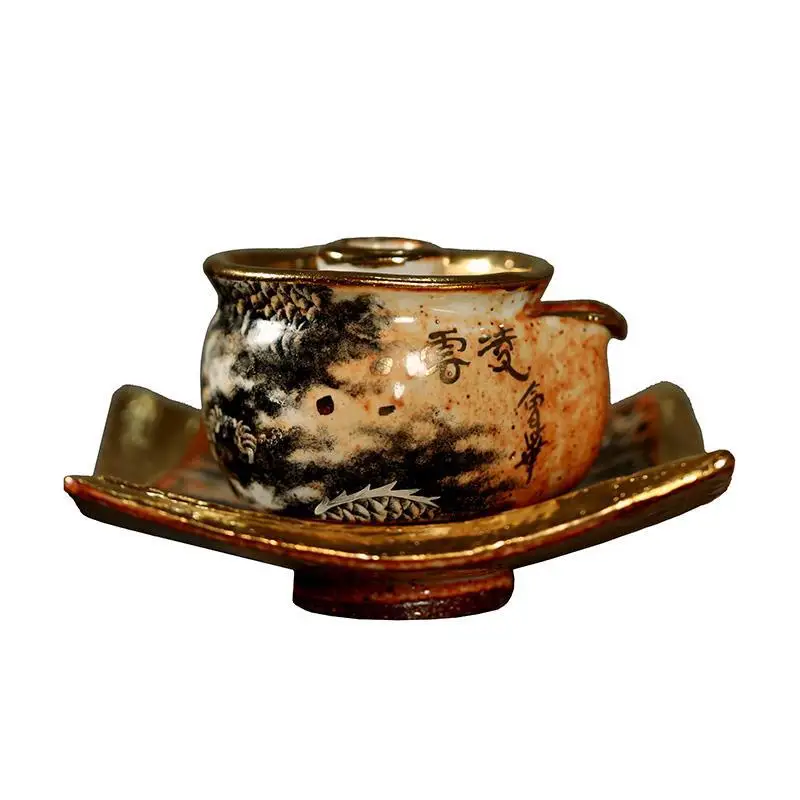 Mu Yan Wood-Fired Shino Porcelain Hand-Painted Ink Dragon Gaiwan, Hand-Held Teapot, Japanese-Style Tea Set For Home Use