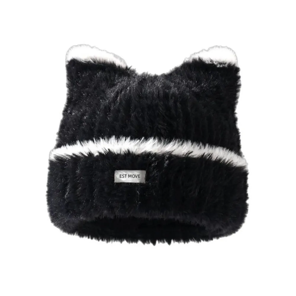 Cute Ear Warm Knitted Hat Windproof Cold Proof Pullover Hat Lining Beanie Hat For Women