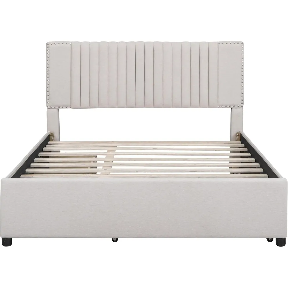 Lit en lin Queen Size avec 2 portes de rangement, cadre de lit en bois, planche de sauna classique, design et support à lattes, enfants et adolescents