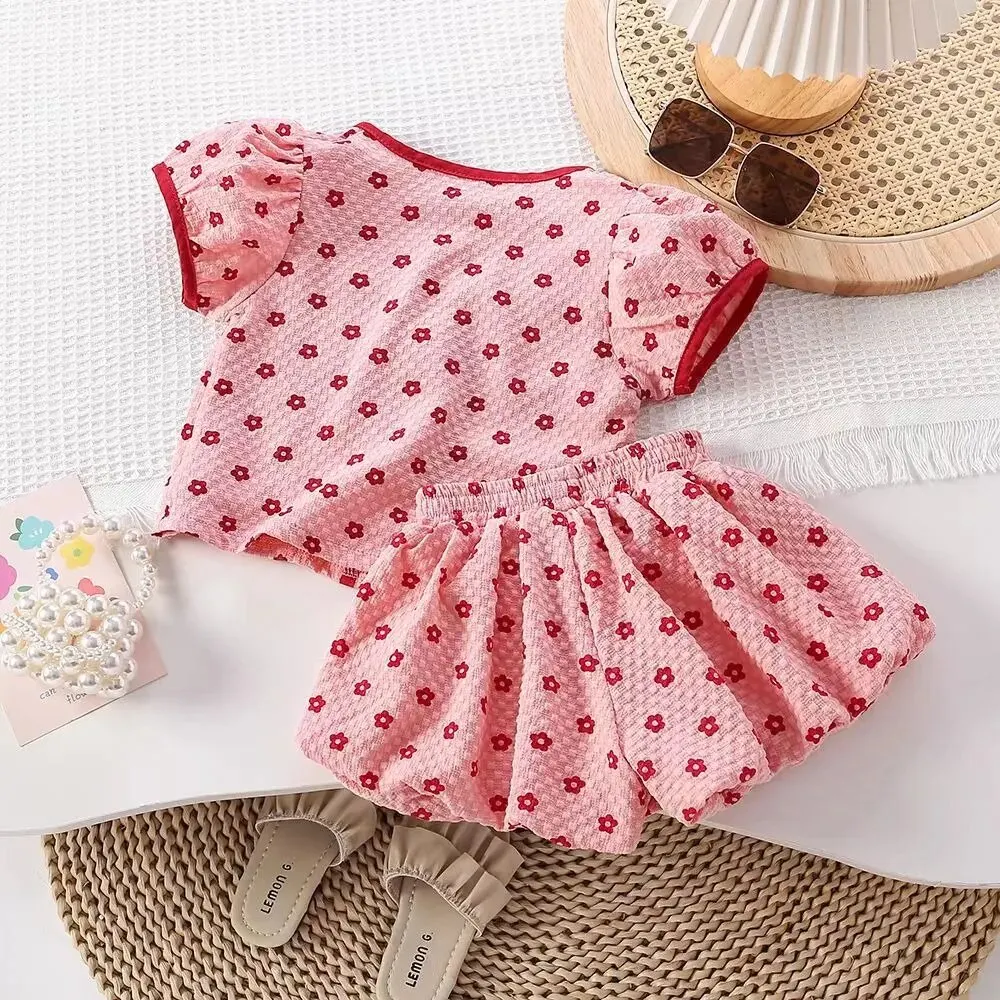 2024 Summer New in Kids Baby Girls Short Sleeve Flower Bow Top Coat + Shorts Children Clothing Set 2pcs 3-8Y