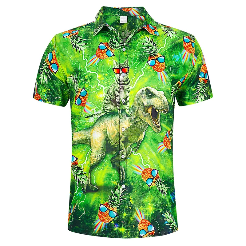 3D Print Funny Cat Dinosaur Hawaiian Shirts For Men Short Sleeve Button Down Tropical Holiday Beach Aloha Shirt Streetwear