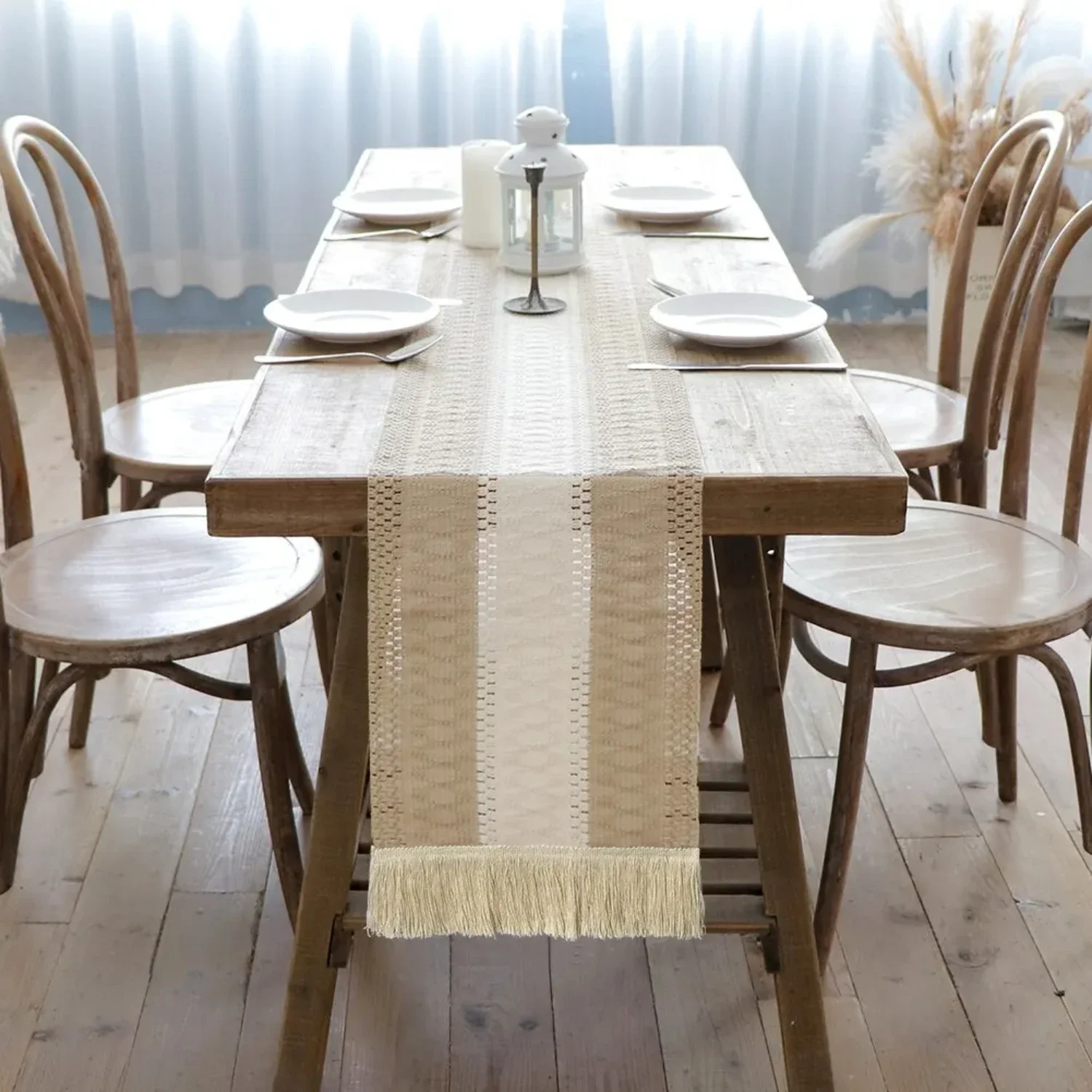 OurWarm's Stunning and Charming Handcrafted Macrame Table Runner - Elegant Farmhouse Style with Natural Cotton and Delicate Tass