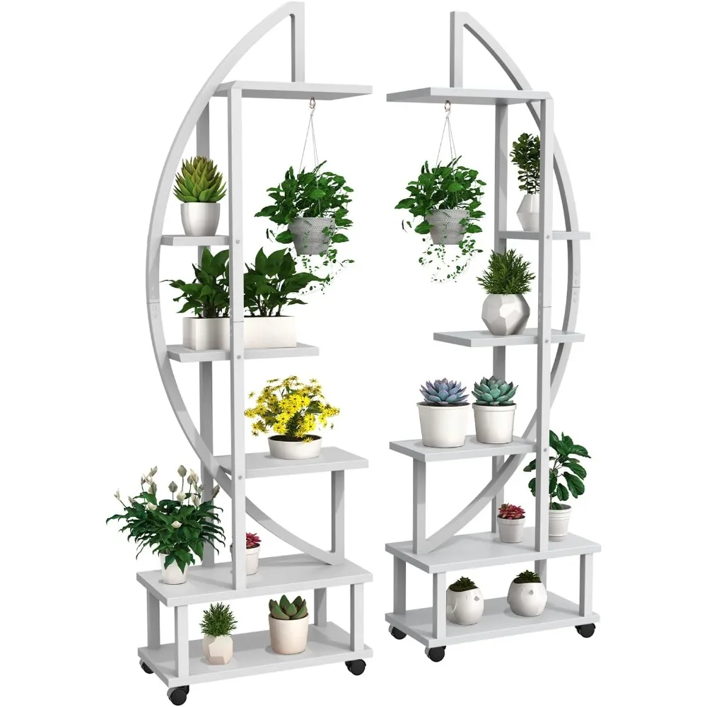 

2 Pcs 6 Tier Tall Metal Indoor Plant Stand with Detachable Wheels, Home Decor Plant Shelf Holder with Hanging Loop