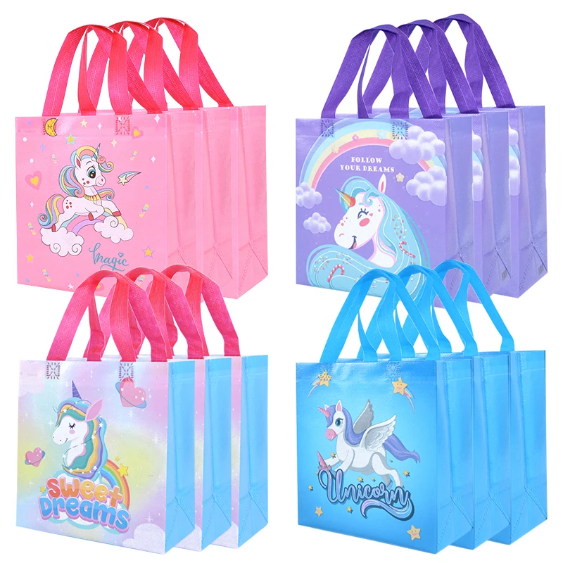 

4Pcs Cartoon Unicorn Gift Bags Nonwoven Candy Snack Packaging Bag Girls Unicorn Theme Birthday Party Decor Supplies Baby Shower