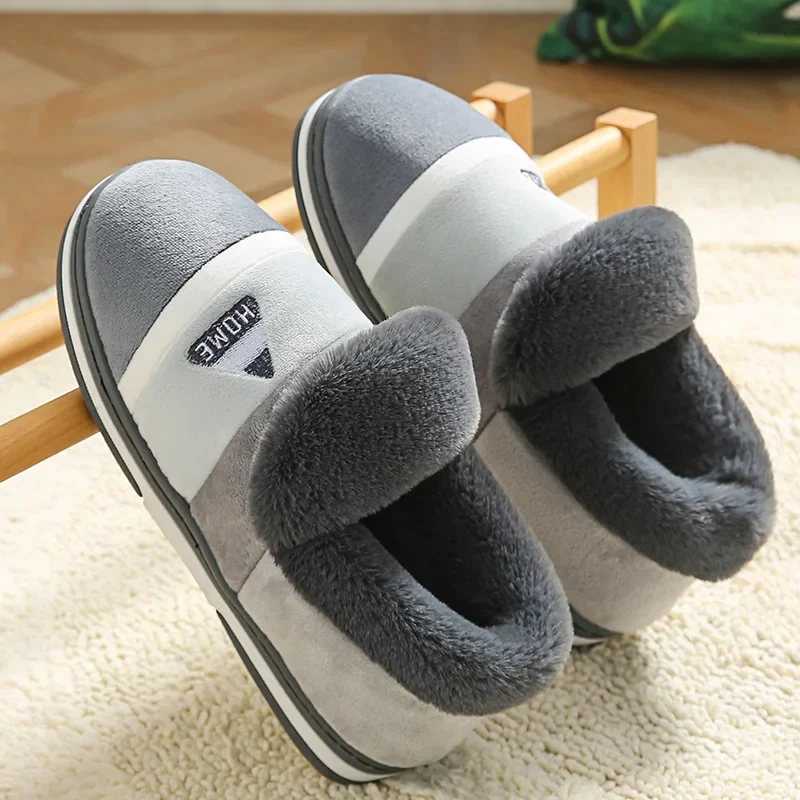 New Men Slippers Big Size Winter Warm Plush Indoor Slides Women Soft Thick Bottom Non-Slip Comfort Shoes Furry Bedroom Shoes