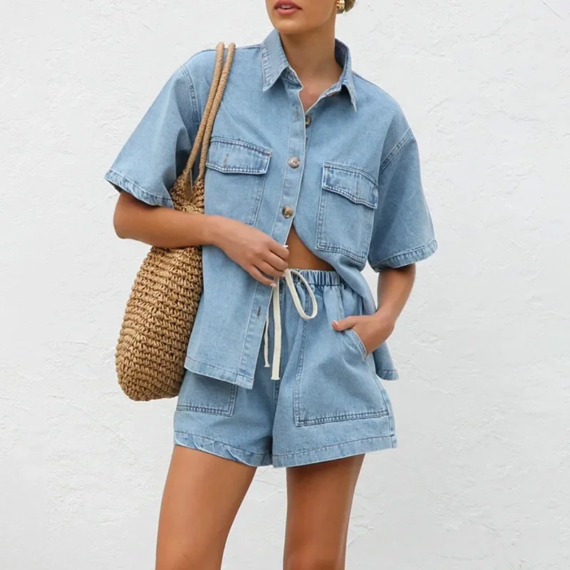 2025 Spring/Summer New Retro Casual Loose Pocket Short Sleeved Shirt, Shorts, Cowboy Set, Women's Sexy Spicy Pants Set