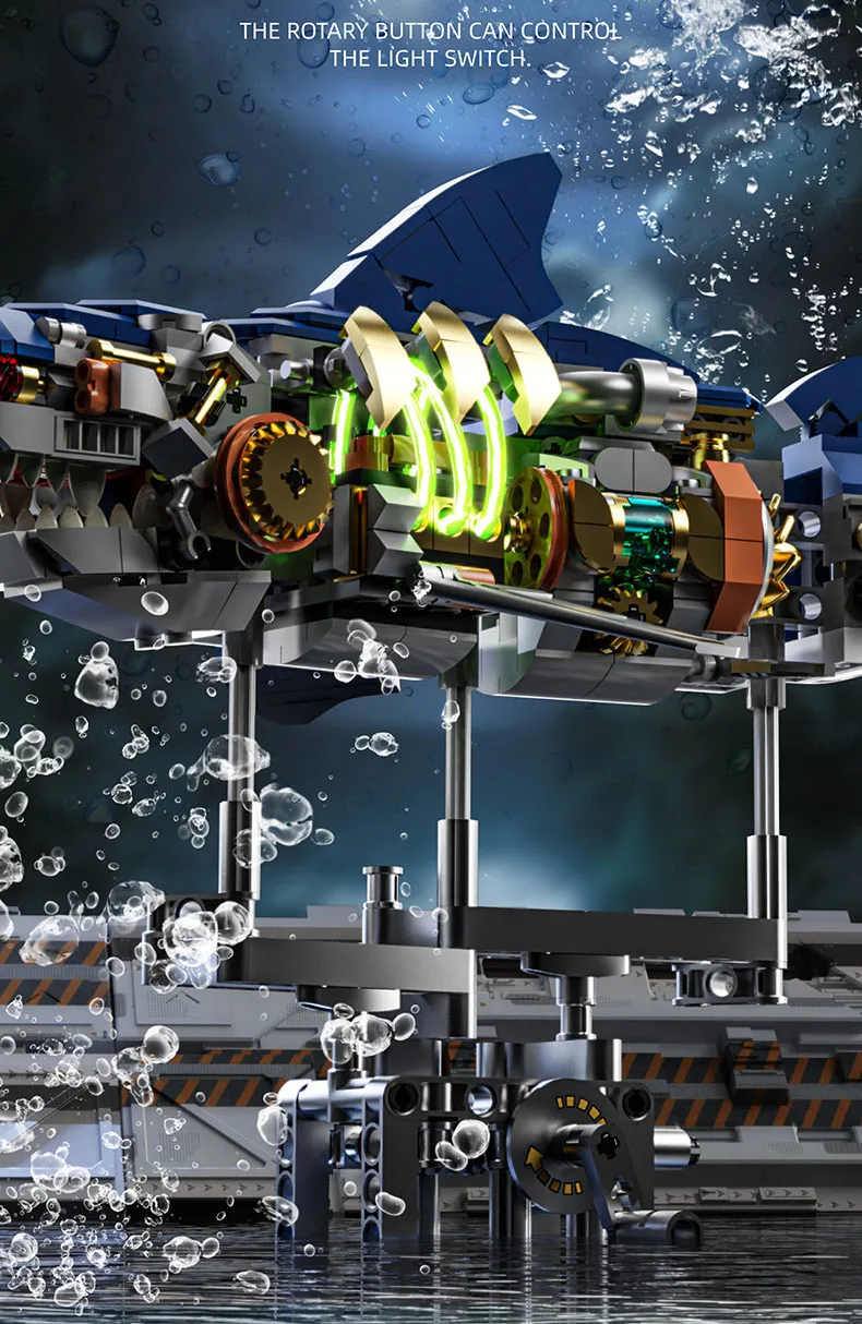 Idea Tiefsee-Kampf-Mecha-Fisch Baustein-Set Mechanischer Hai-Roboter Mech-Modell Bausteine Konstruktionsspielzeug Sammlung mit Licht – Detail 4