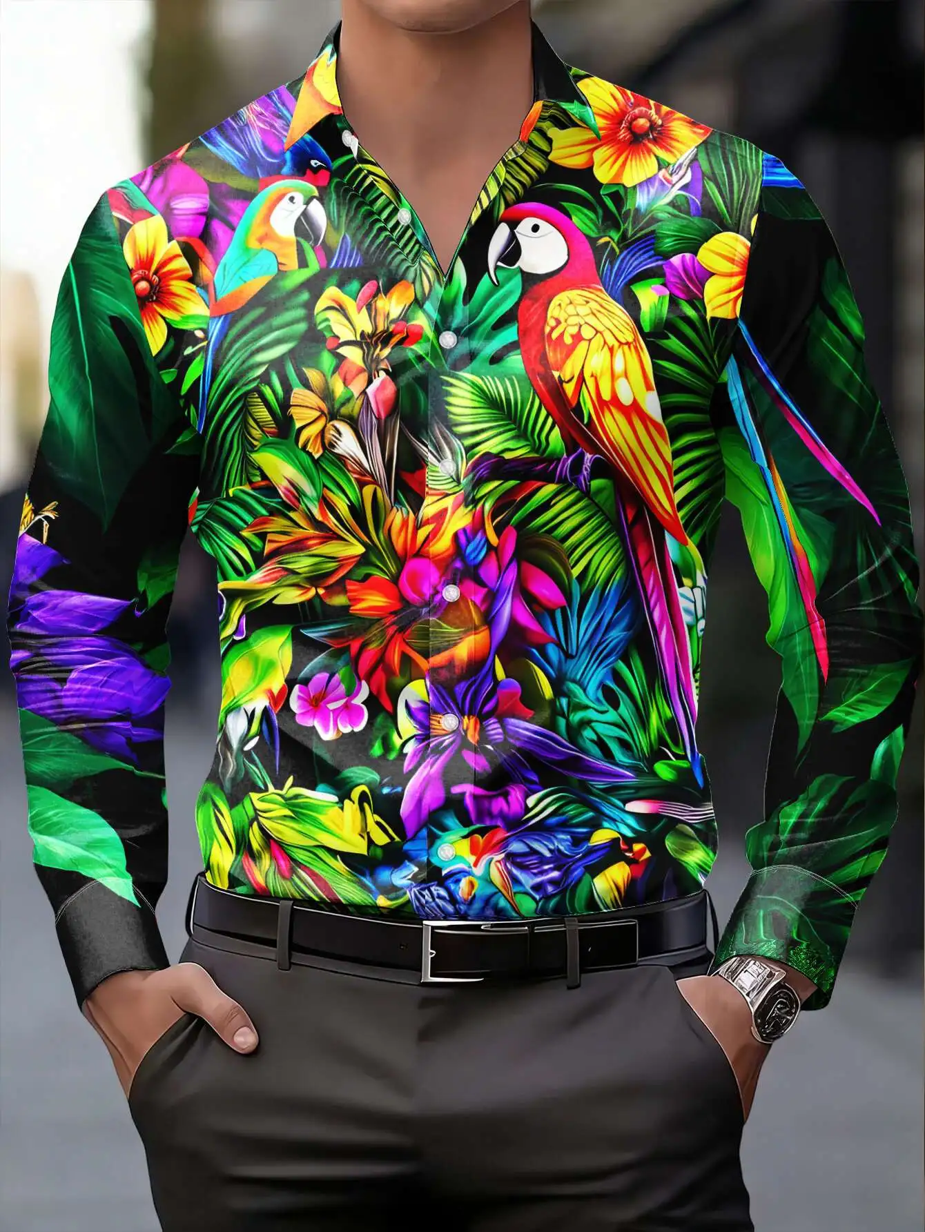 Men Long Sleeve Button Down Shirt Tropical Parrot Jungle Floral Leaf Print Polyester Lapel Collar Vacation